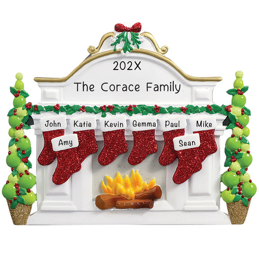 Celebrate your family of 8! Personalized Christmas ornament features 8 custom stockings on a mantle. Add custom names and year. Perfect large family gift.