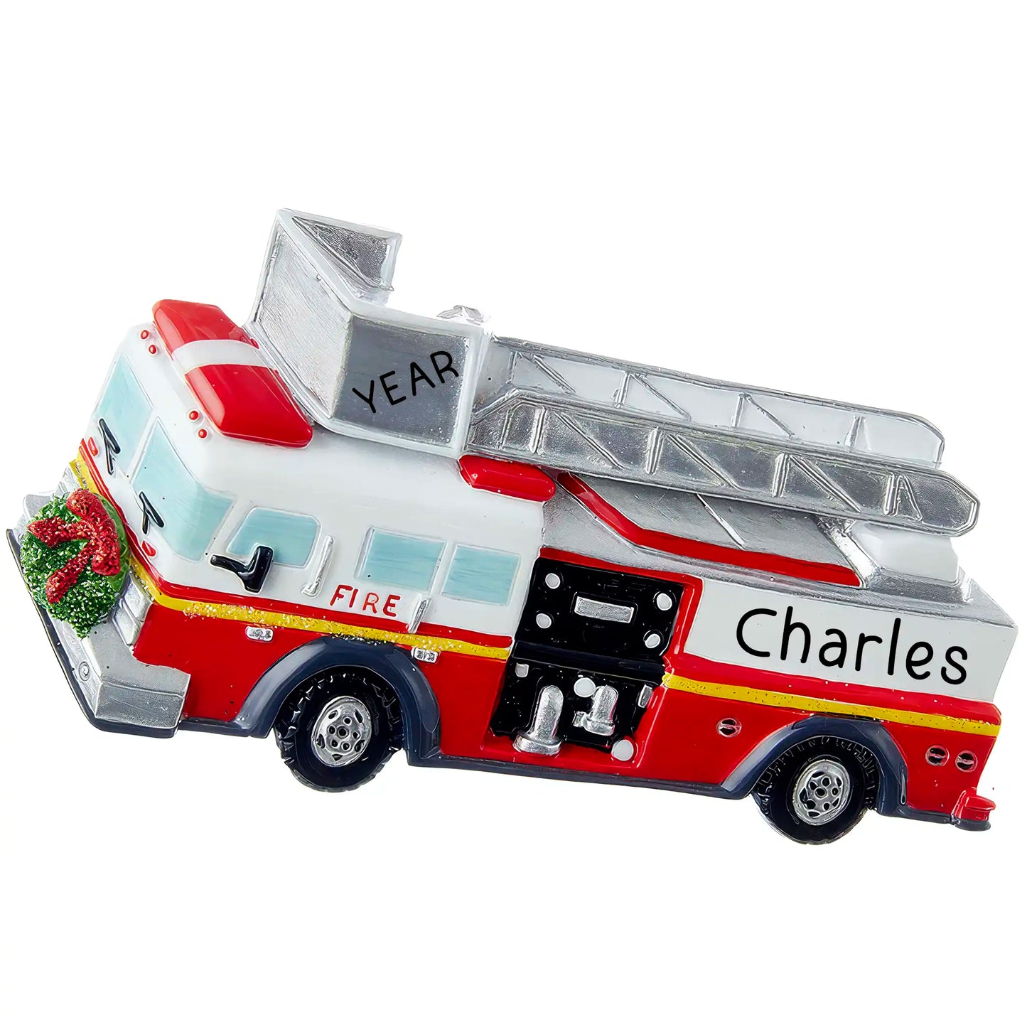 Personalized Christmas ornament featuring a red and white fire truck with an extension ladder and a small holiday wreath, ready for custom name engraving.