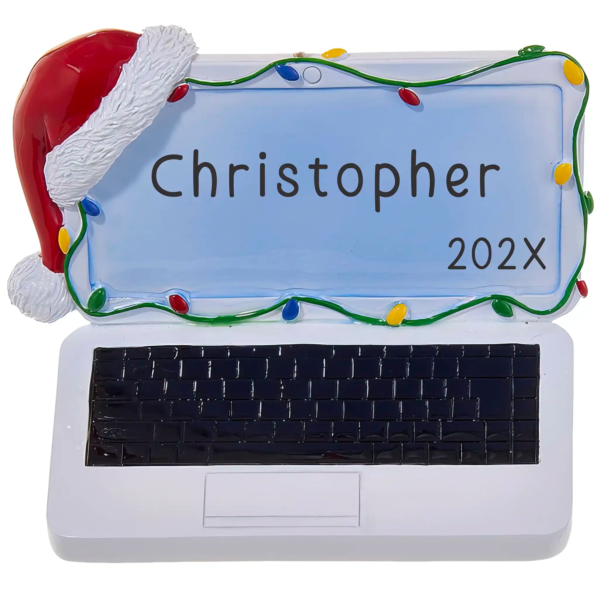 Personalized ornament with a name and year shaped like a laptop with a red santa hat and colorful christmas lights. 