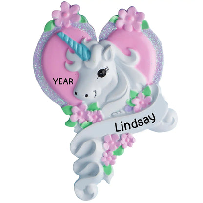 Unicorn-themed ornament with floral decorations and personalized name 'Lindsay' on a white background