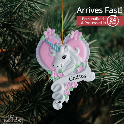 Unicorn With Pink Heart Christmas Ornament