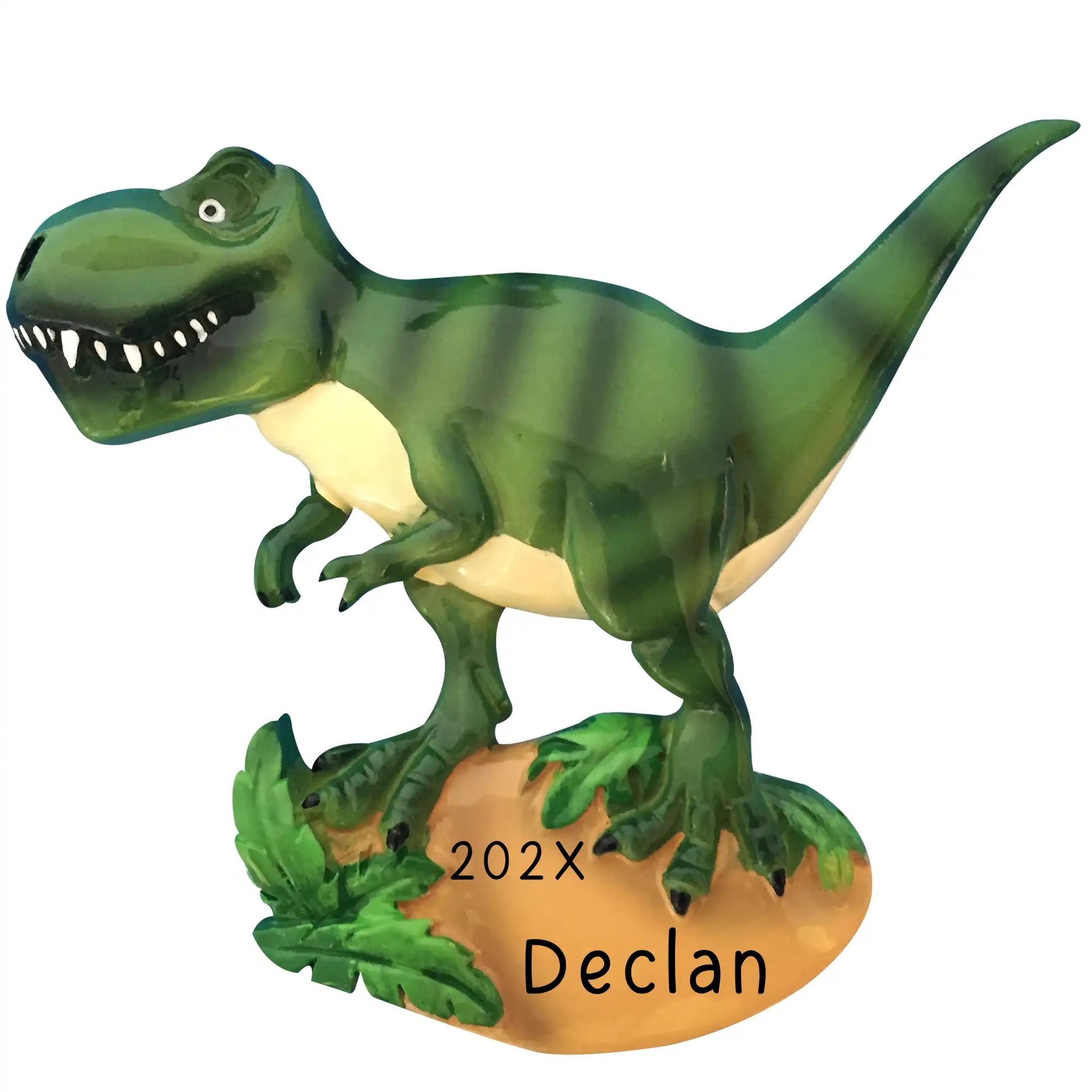Personalized green T-Rex dinosaur Christmas ornament with sharp teeth on jungle base with tropical leaves, customizable with name and year