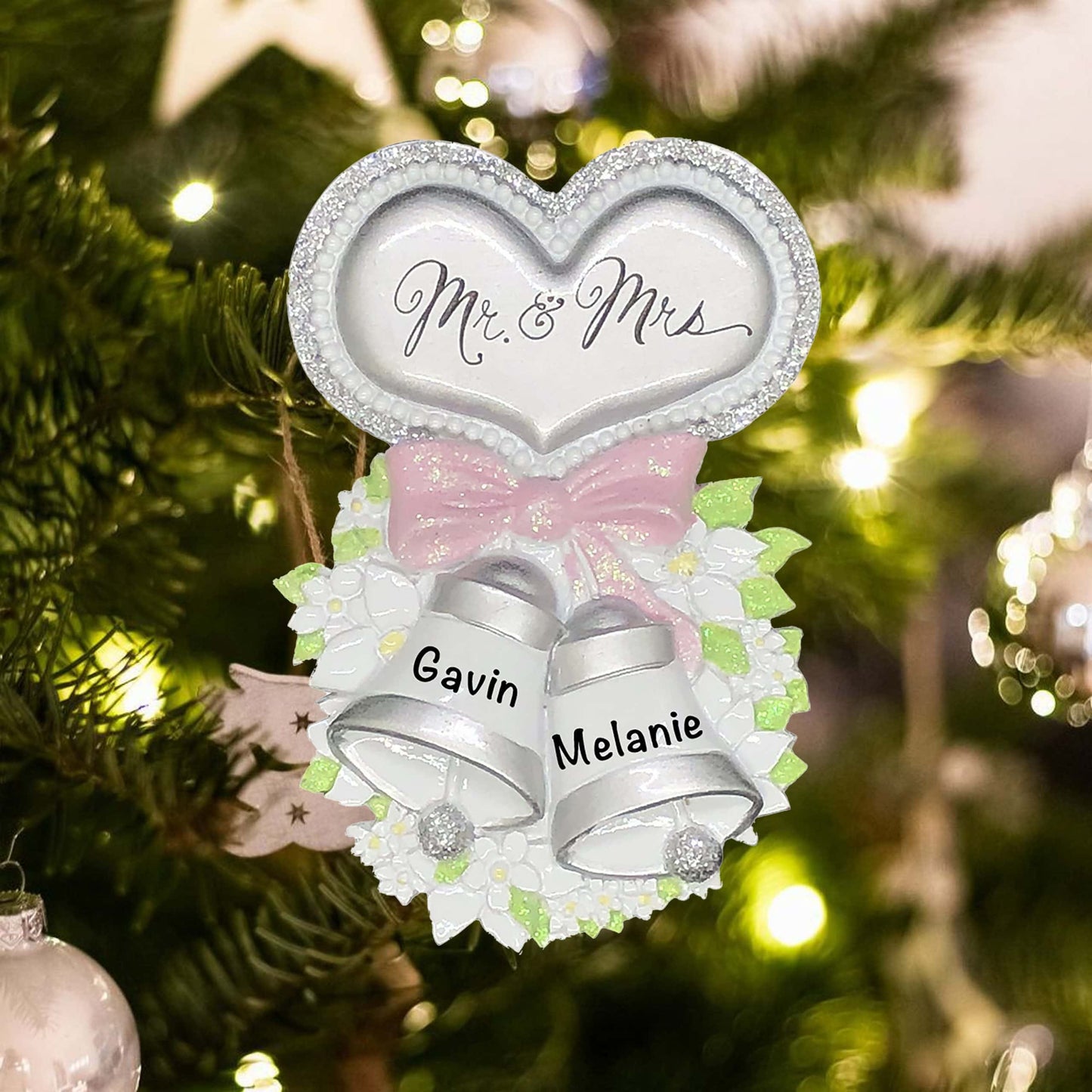 W8406 Personalized Mr and Mrs Wedding Bells Christmas Ornament