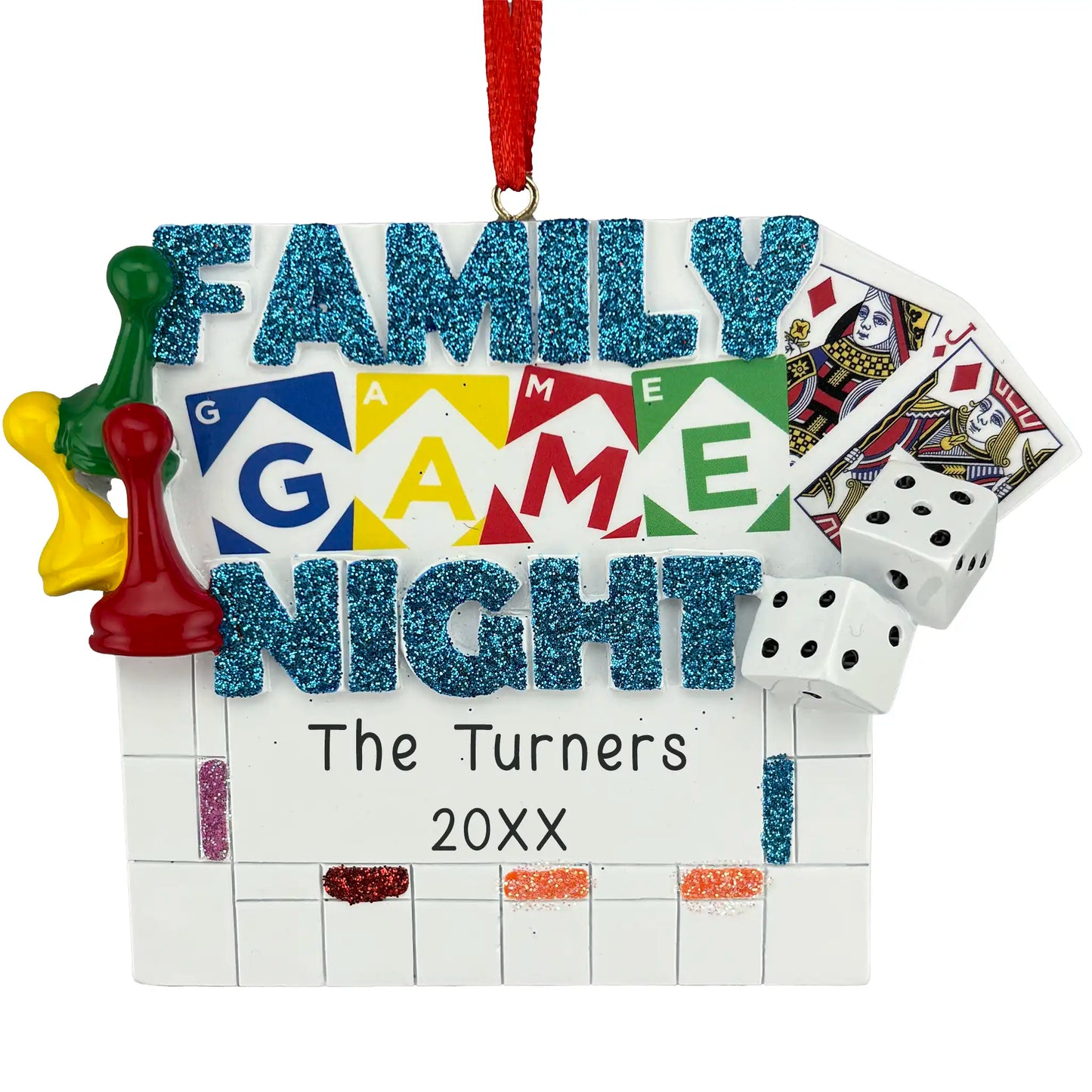 Personalized family game night ornament with glitter letters, dice, cards, and game pieces