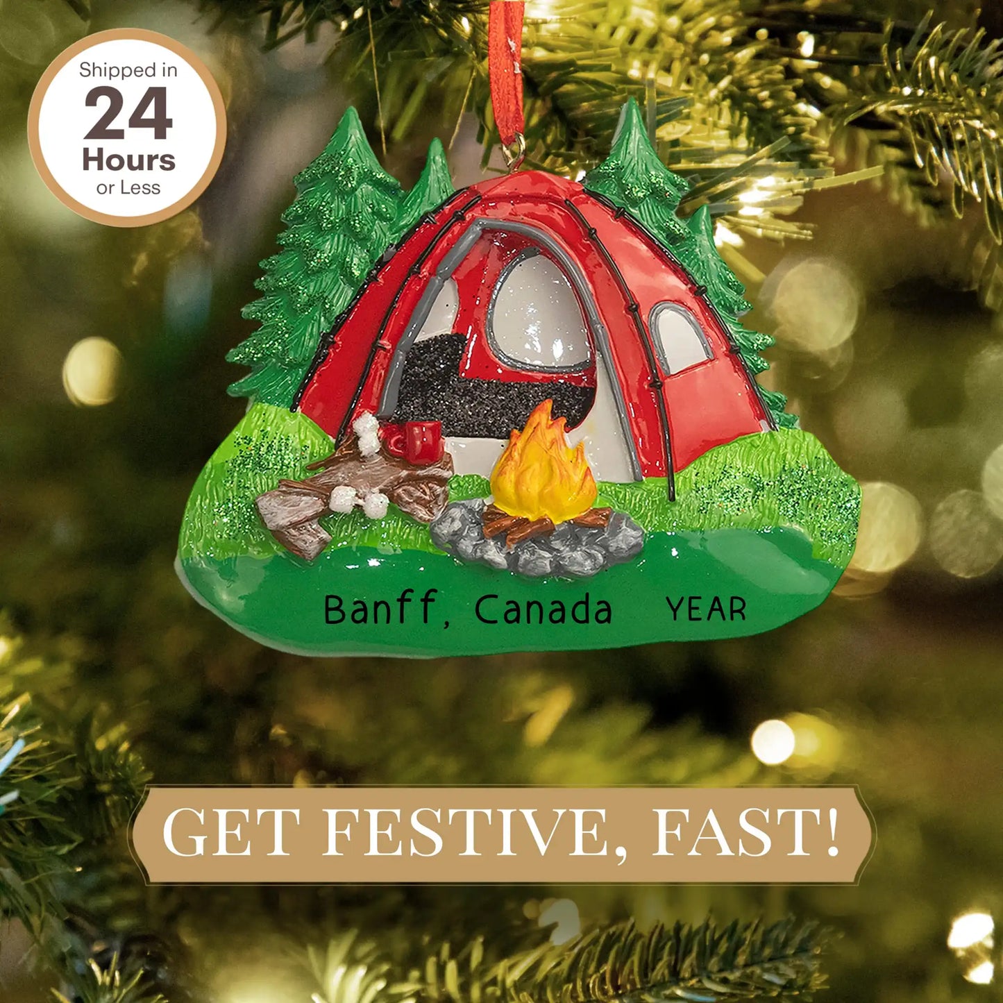 Adorno personalizado de tienda de campaña con fogata - Rojo 