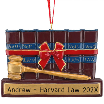 Personalized attorney Christmas ornament with a law gavel, laser engraved with a name and year