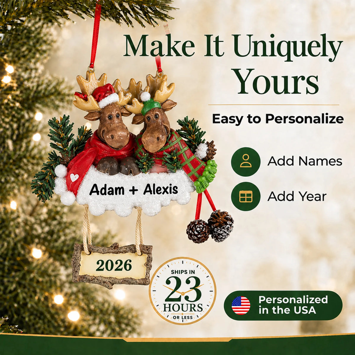 Make it yours: add names to the personalized moose couple christmas ornament