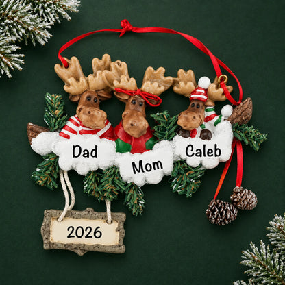 Personalized moose family of 3 christmas ornament on a dark green pine background