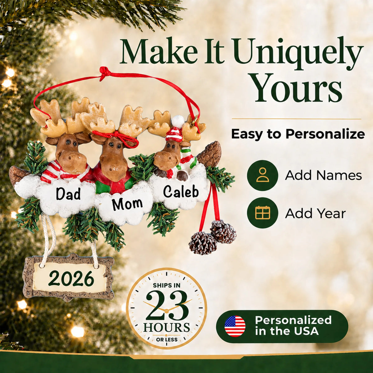 Make it yours: add names and year to the personalized moose family of 3 christmas ornament