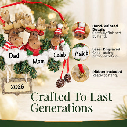 Hand-painted details and laser engraved personalization on the moose family of 3 christmas ornament, ribbon included