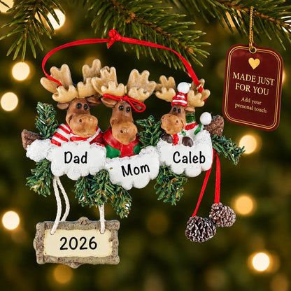 Moose family of 3 christmas ornament hanging on a lit Christmas tree with a Made Just For You gift tag