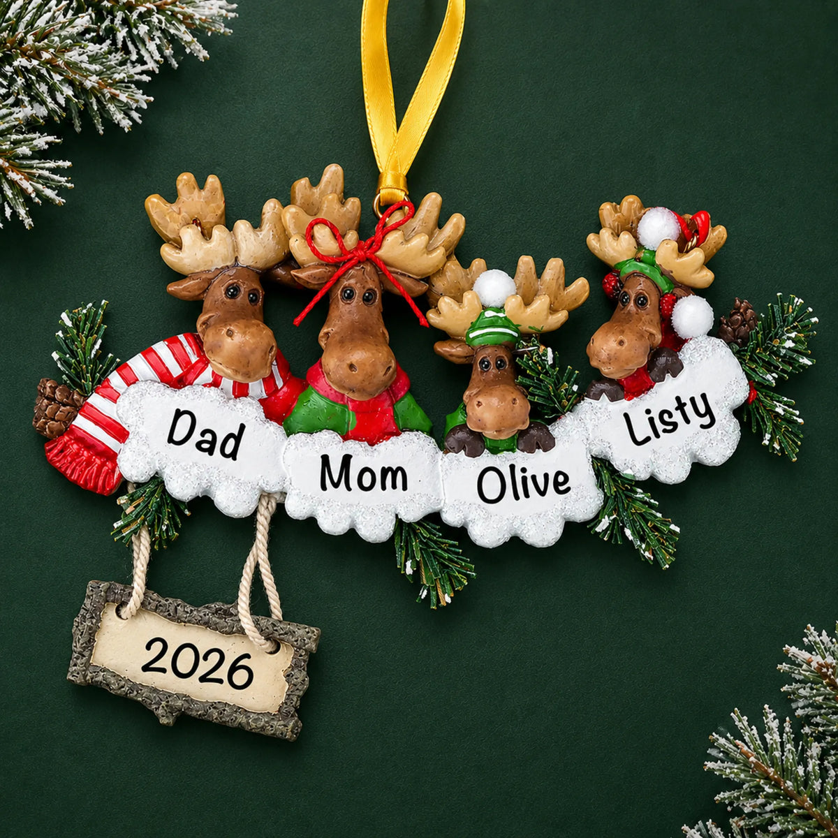 Personalized moose family of 4 christmas ornament on a dark green pine background