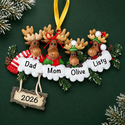 Personalized moose family of 4 christmas ornament on a dark green pine background