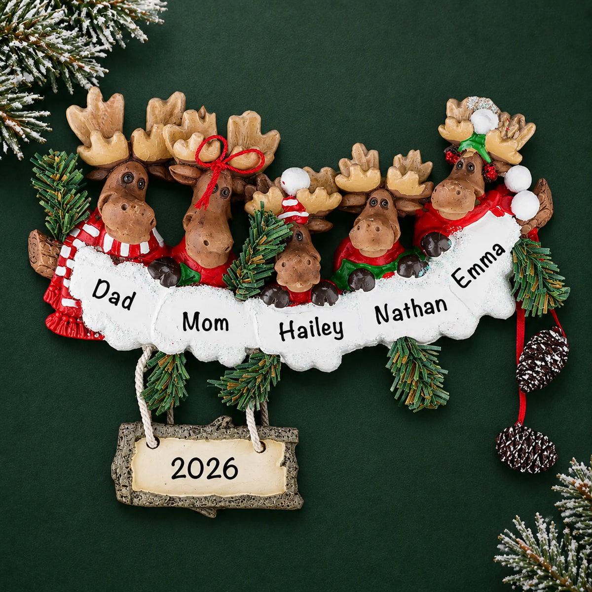 Personalized moose family of 5 christmas ornament on a dark green pine background