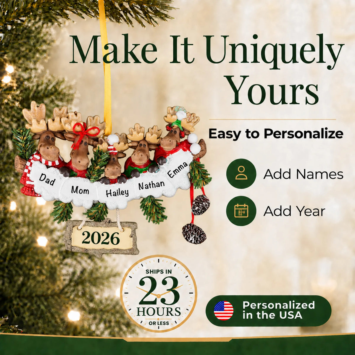 Make it yours: add names and year to the personalized moose family of 5 christmas ornament