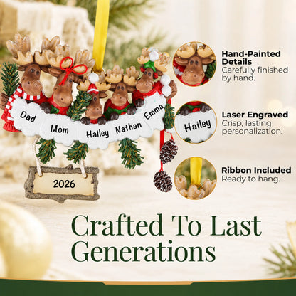 Hand-painted details and laser engraved personalization on the moose family of 5 christmas ornament, ribbon included