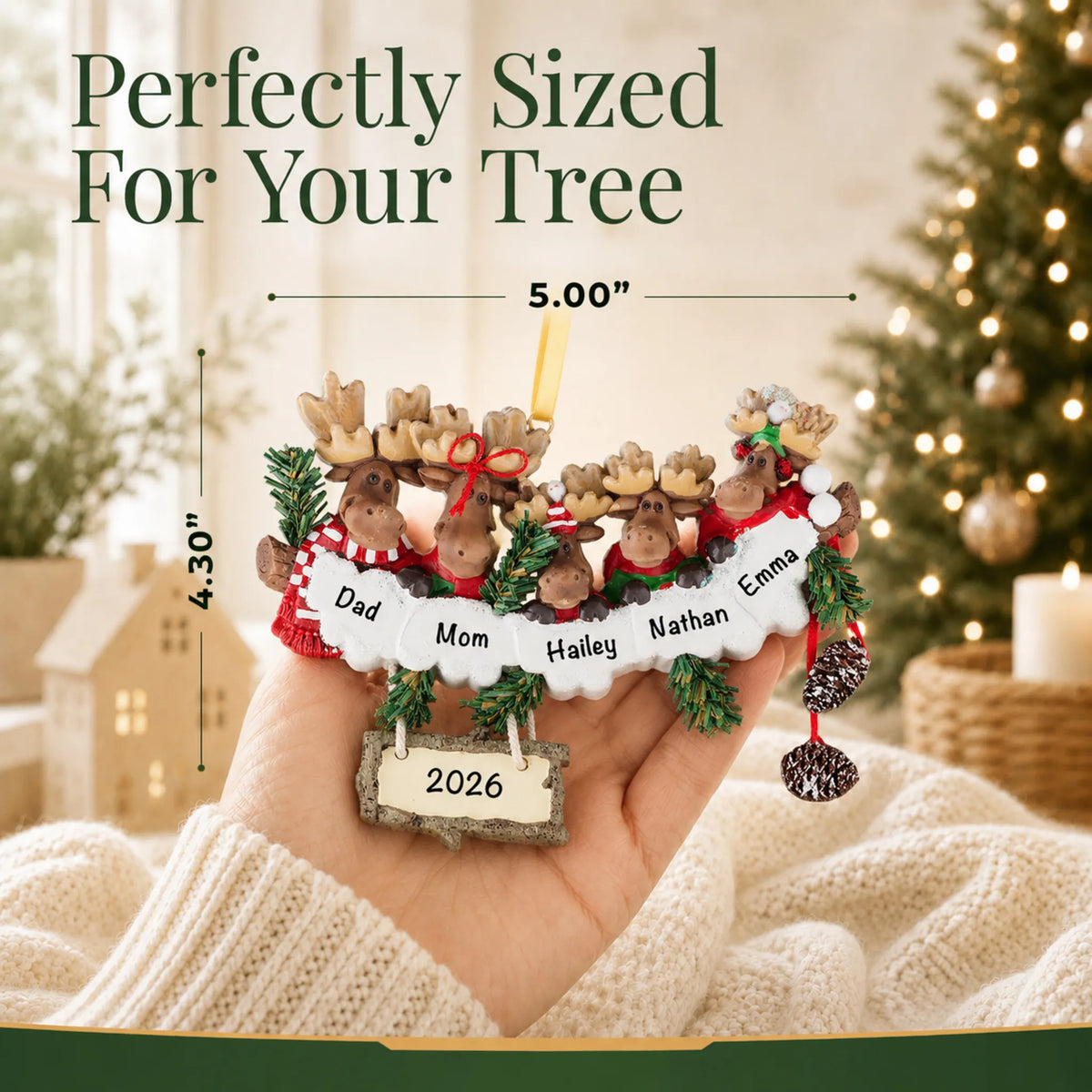 Size guide: the personalized moose family of 5 christmas ornament is 5.00 in wide by 4.30 in tall, shown in hand