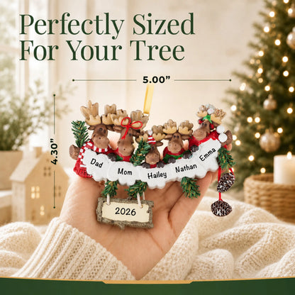 Size guide: the personalized moose family of 5 christmas ornament is 5.00 in wide by 4.30 in tall, shown in hand