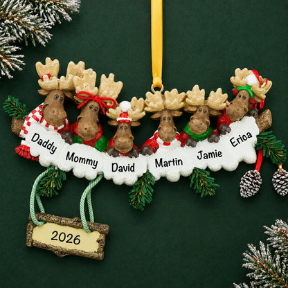 Personalized moose family of 6 christmas ornament on a dark green pine background