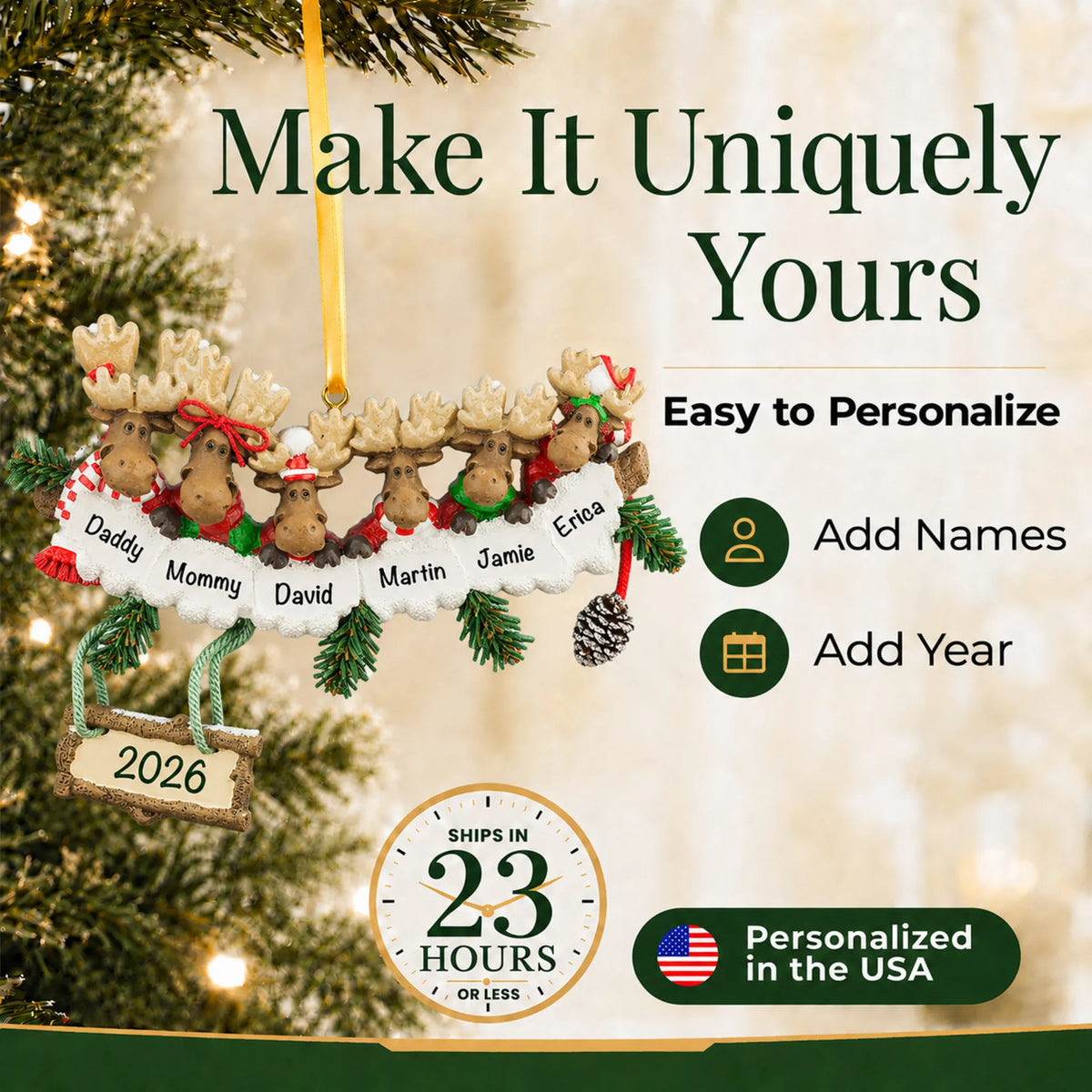 Make it yours: add names and year to the personalized moose family of 6 christmas ornament