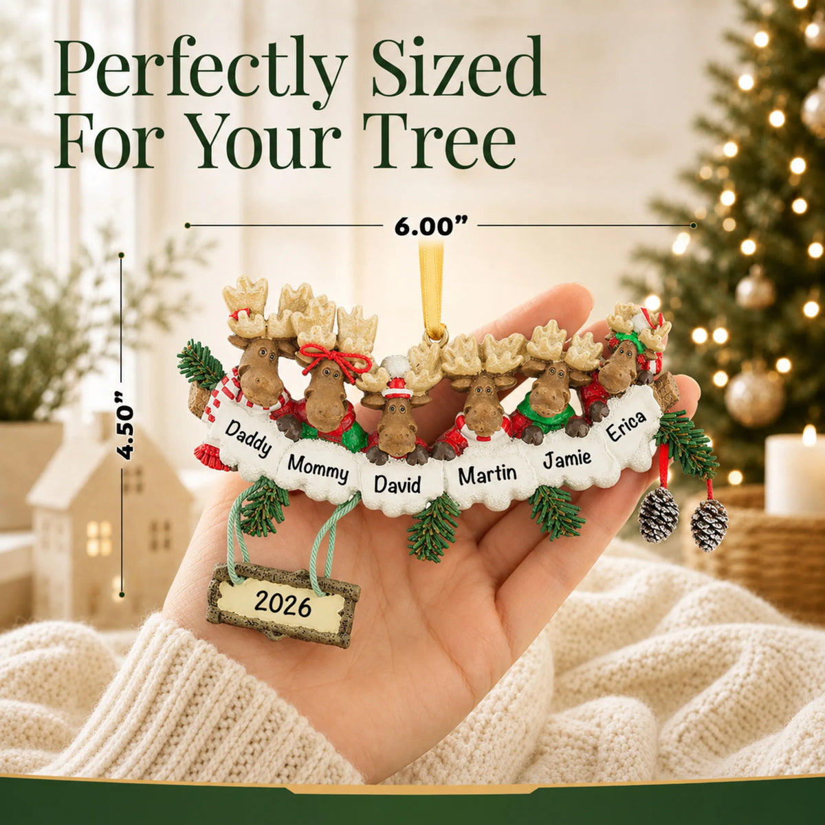 Size guide: the personalized moose family of 6 christmas ornament is 6.00 in wide by 4.50 in tall, shown in hand