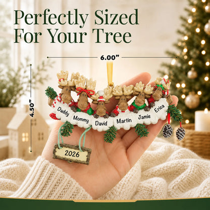 Size guide: the personalized moose family of 6 christmas ornament is 6.00 in wide by 4.50 in tall, shown in hand
