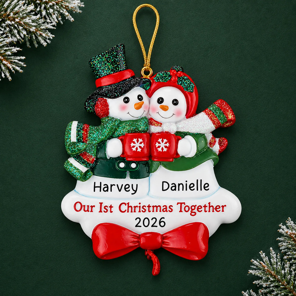 Personalized snowman couple our 1st christmas together ornament on a dark green pine background