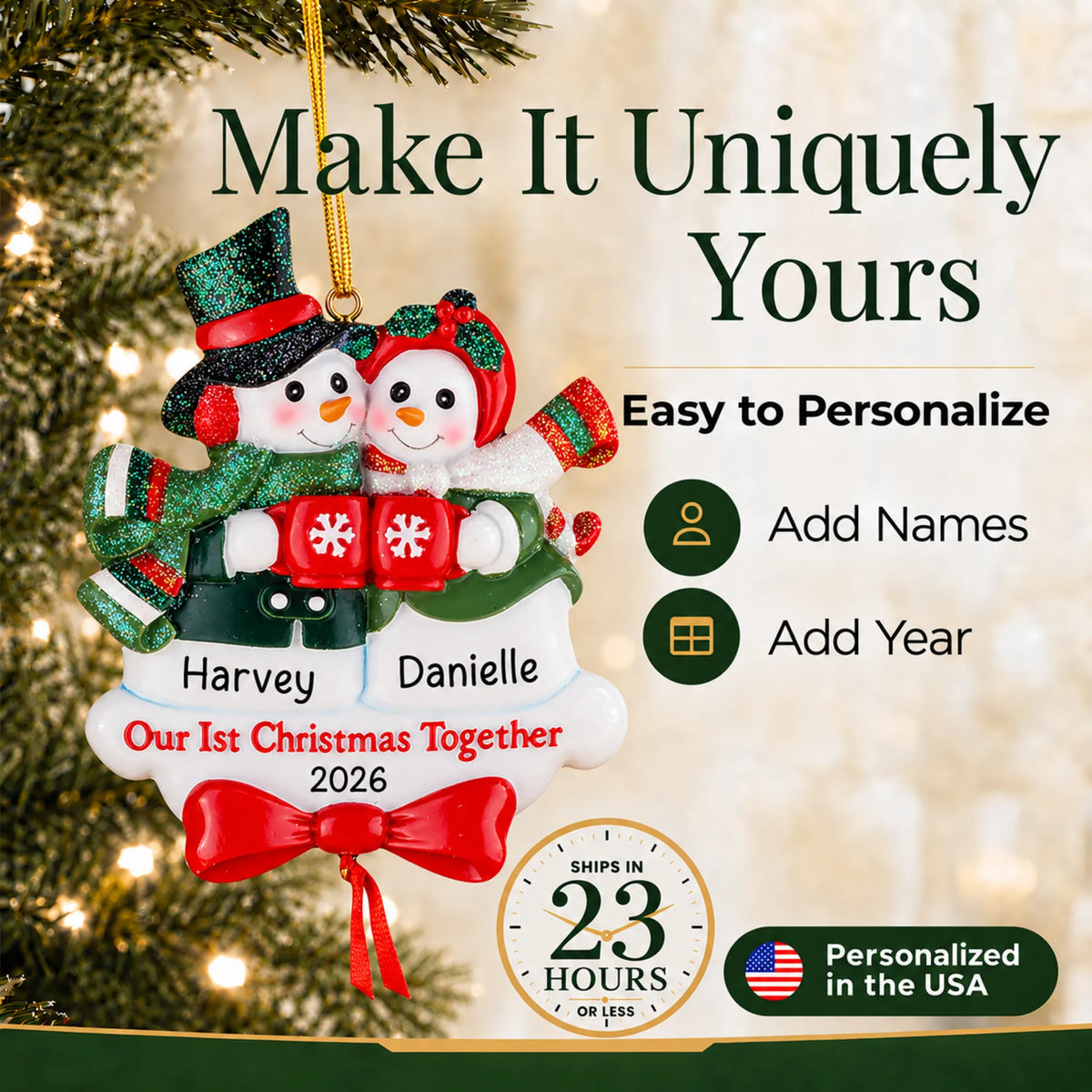 Make it yours: add names to the personalized snowman couple our 1st christmas together ornament