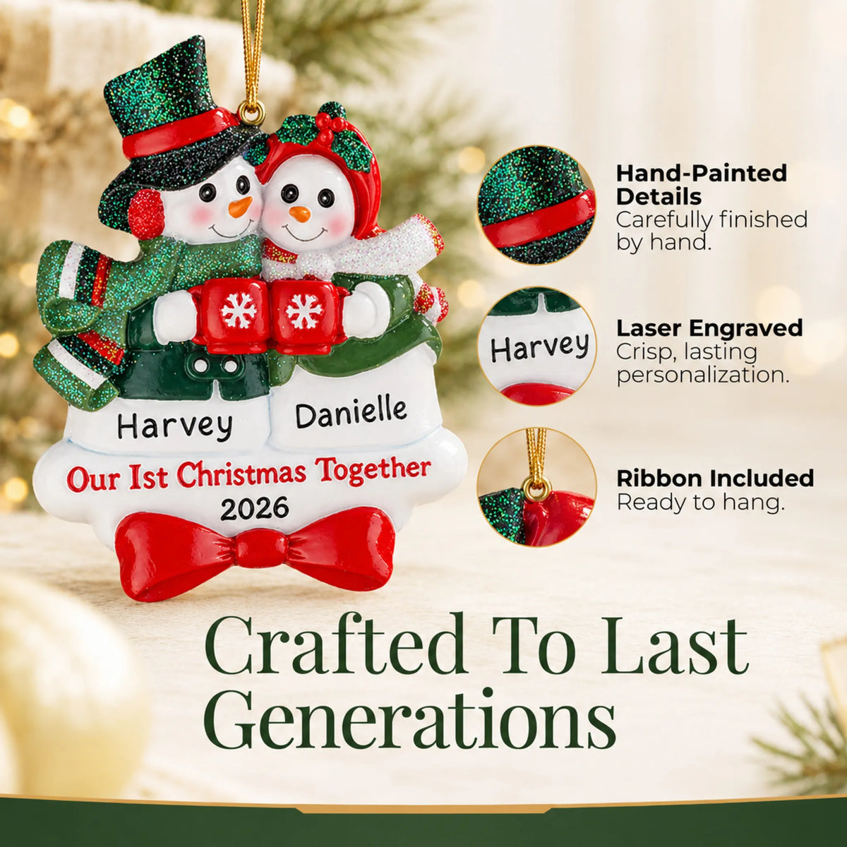 Hand-painted, laser engraved snowman couple our 1st christmas together ornament, ribbon included