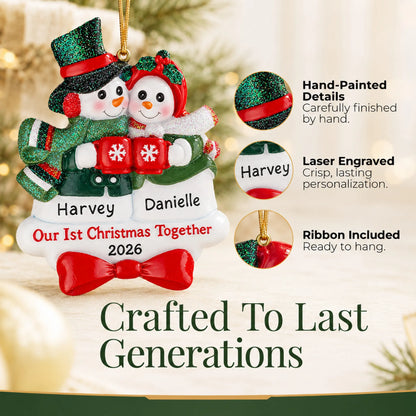 Hand-painted, laser engraved snowman couple our 1st christmas together ornament, ribbon included