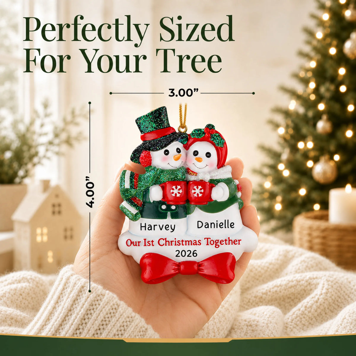 Size guide: the personalized snowman couple our 1st christmas together ornament shown in hand next to a Christmas tree