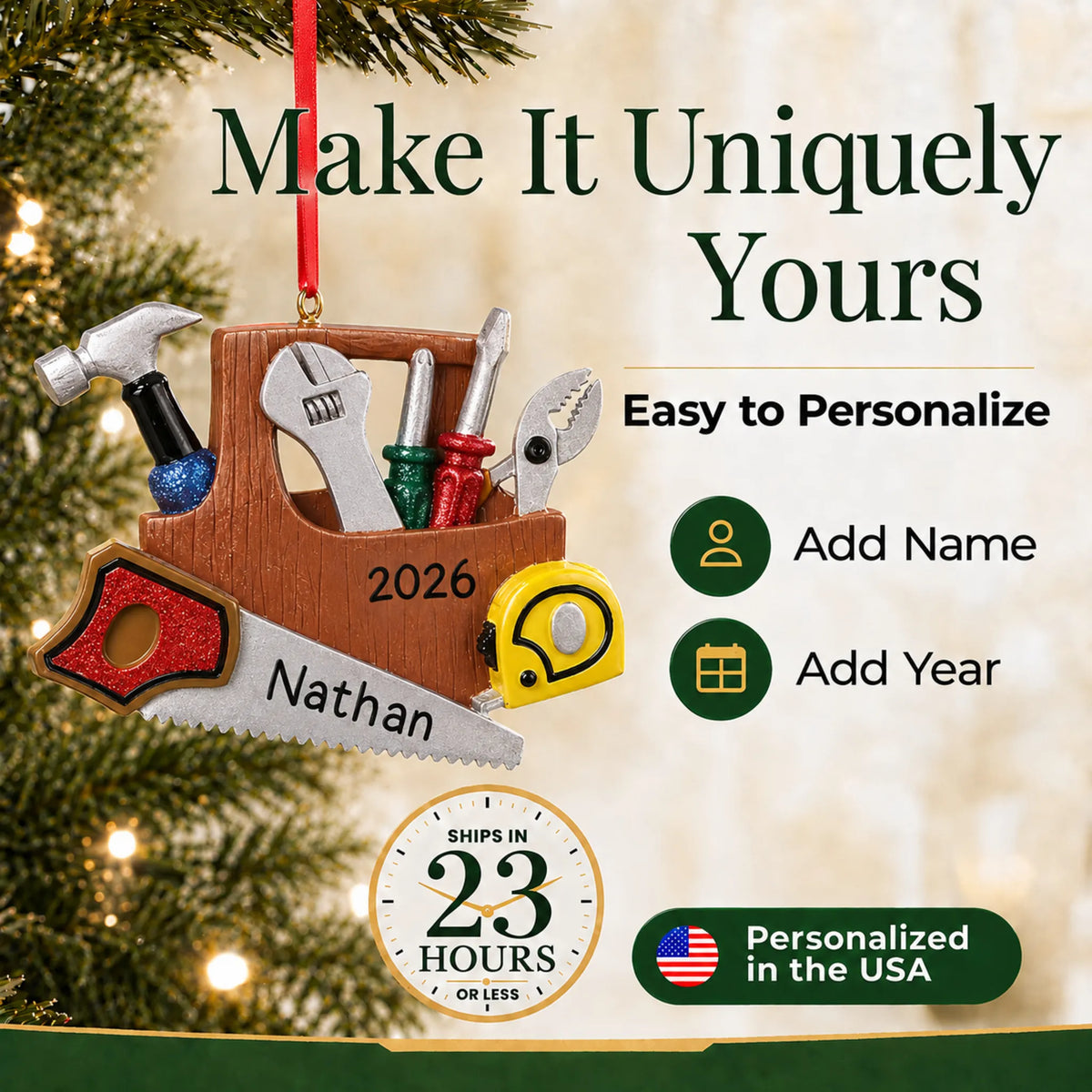 Make it yours: add name and year to the personalized handyman christmas ornament