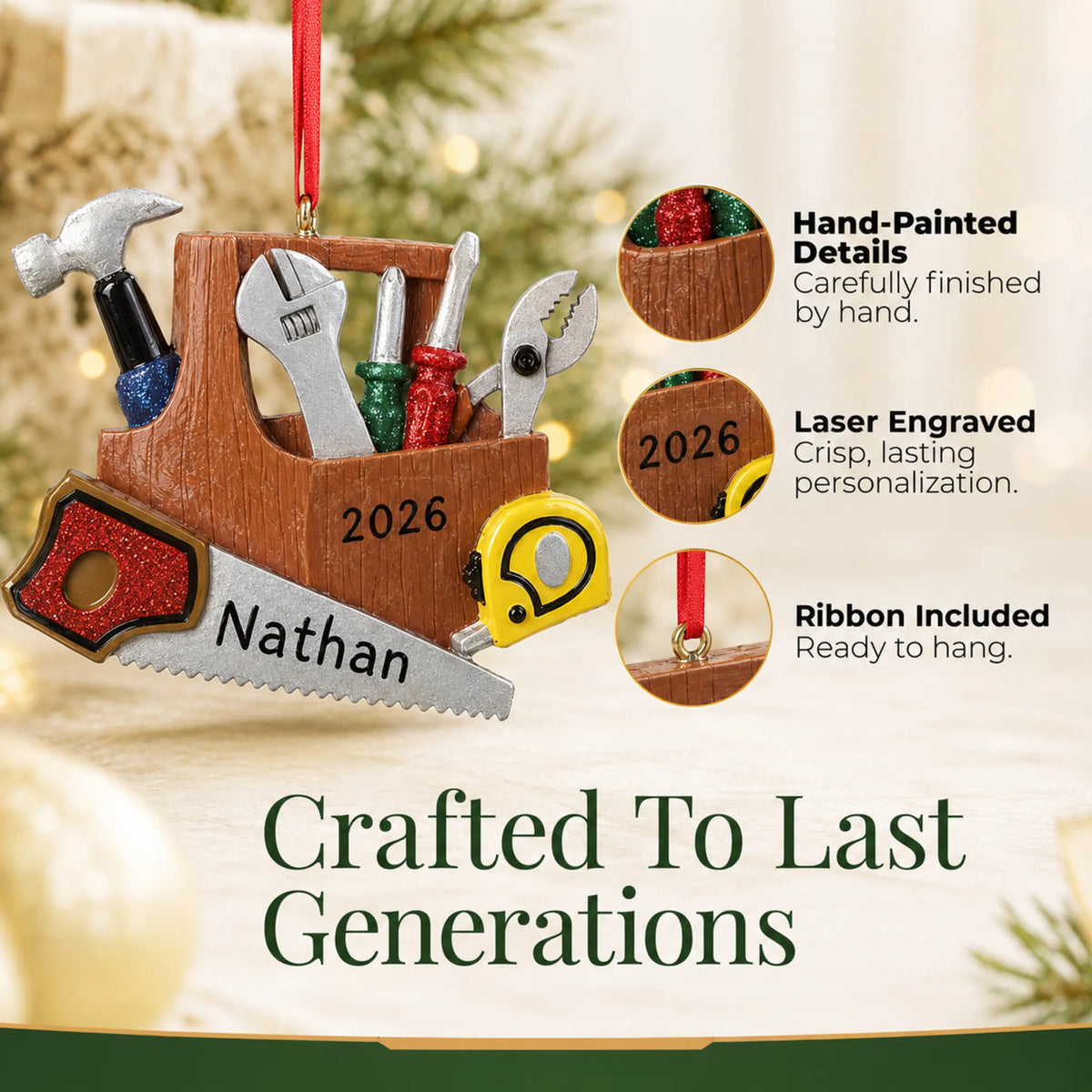 Hand-painted details and laser engraved personalization on the handyman christmas ornament, ribbon included