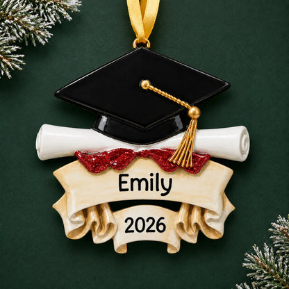 Personalized graduation cap and scroll Christmas ornament with black cap, diploma scroll and engraved name banner