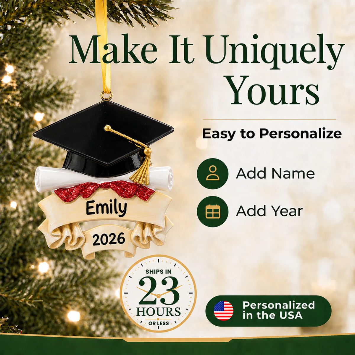 Personalized graduation cap and scroll Christmas ornament showing free name and class-year personalization