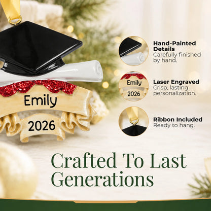 Close-up of the graduation cap and scroll ornament's hand-painted details, laser-engraved banner and hanging ribbon