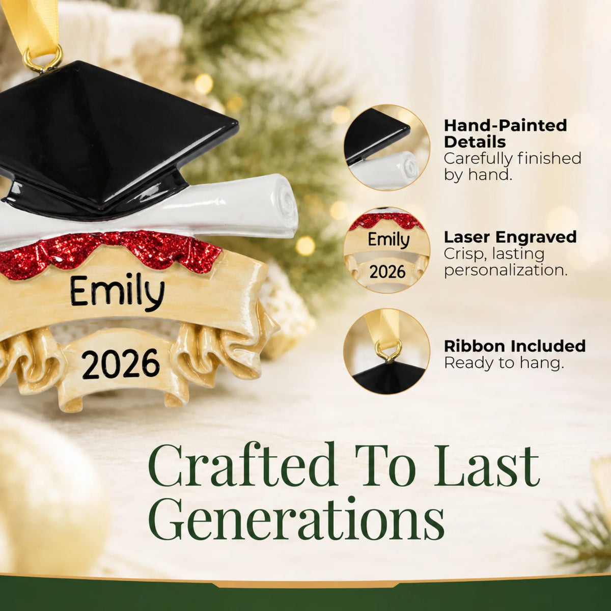Close-up of the graduation cap and scroll ornament's hand-painted details, laser-engraved banner and hanging ribbon