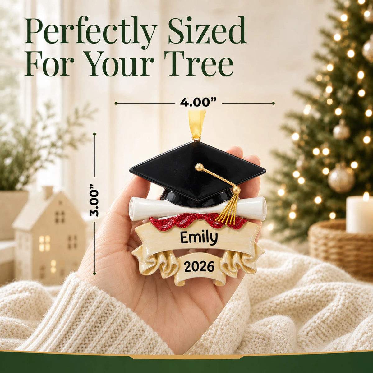 Personalized graduation cap and scroll Christmas ornament held in hand, about 4 by 3 inches for the tree
