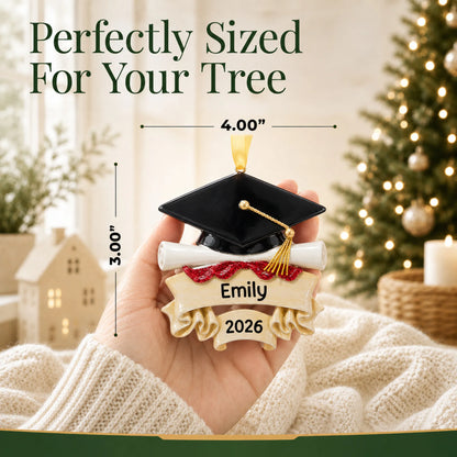 Personalized graduation cap and scroll Christmas ornament held in hand, about 4 by 3 inches for the tree