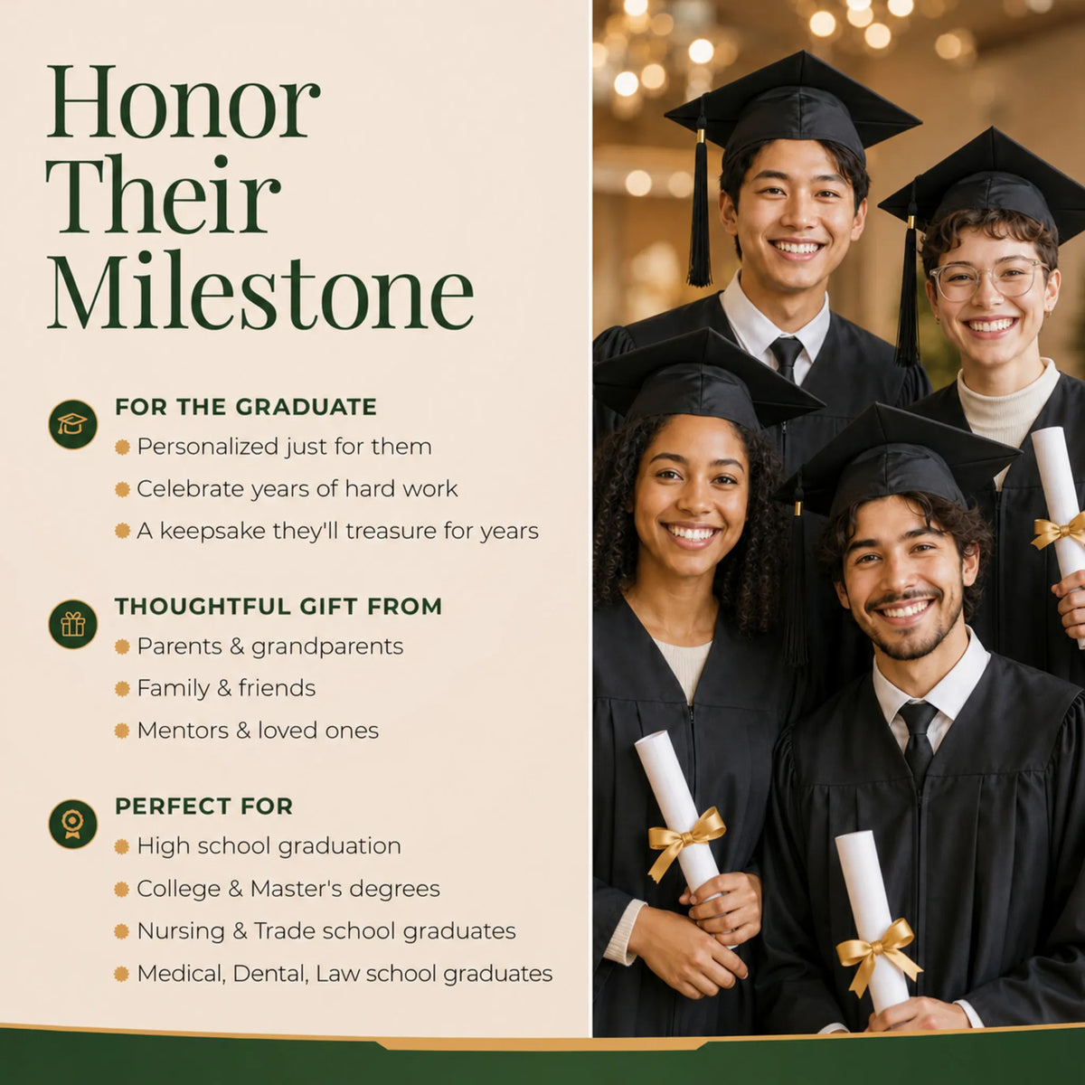 Comparison chart of the Holiday Traditions graduation ornament versus other brands on quality and personalization