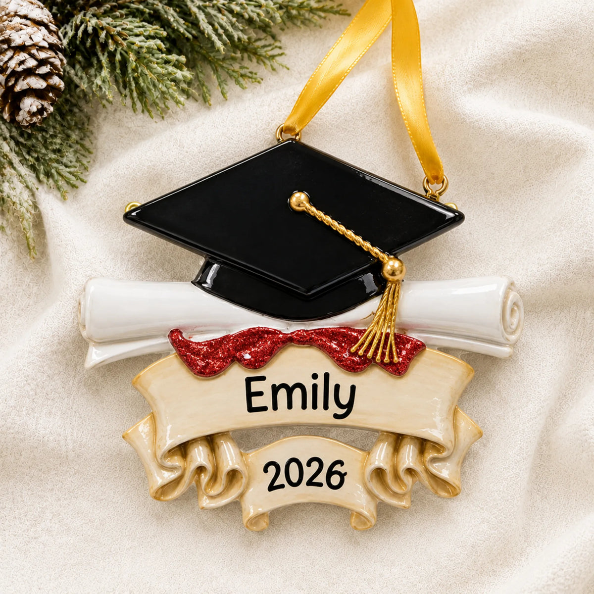 Front view of the personalized graduation cap and scroll Christmas ornament with engraved name and class-year banner
