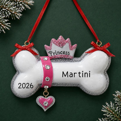 Personalized Princess Dog Bone christmas ornament on a dark green pine background
