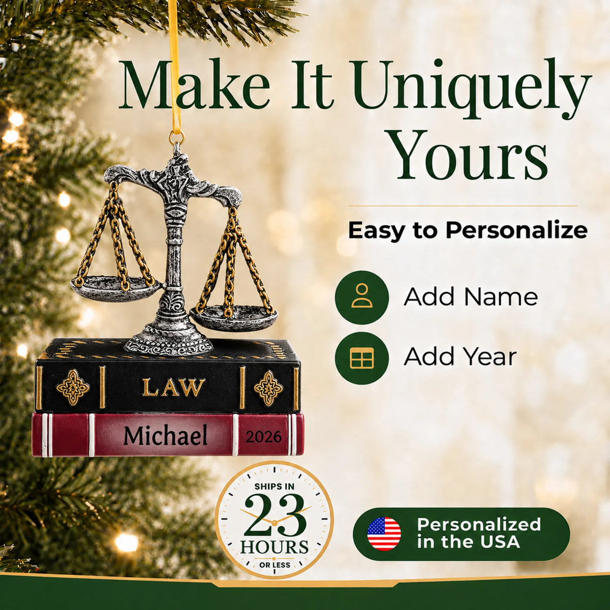 Make it yours: add name and year to the personalized legal scales of justice christmas ornament
