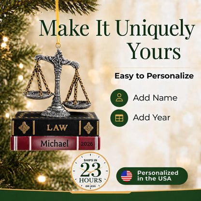 Make it yours: add name and year to the personalized legal scales of justice christmas ornament