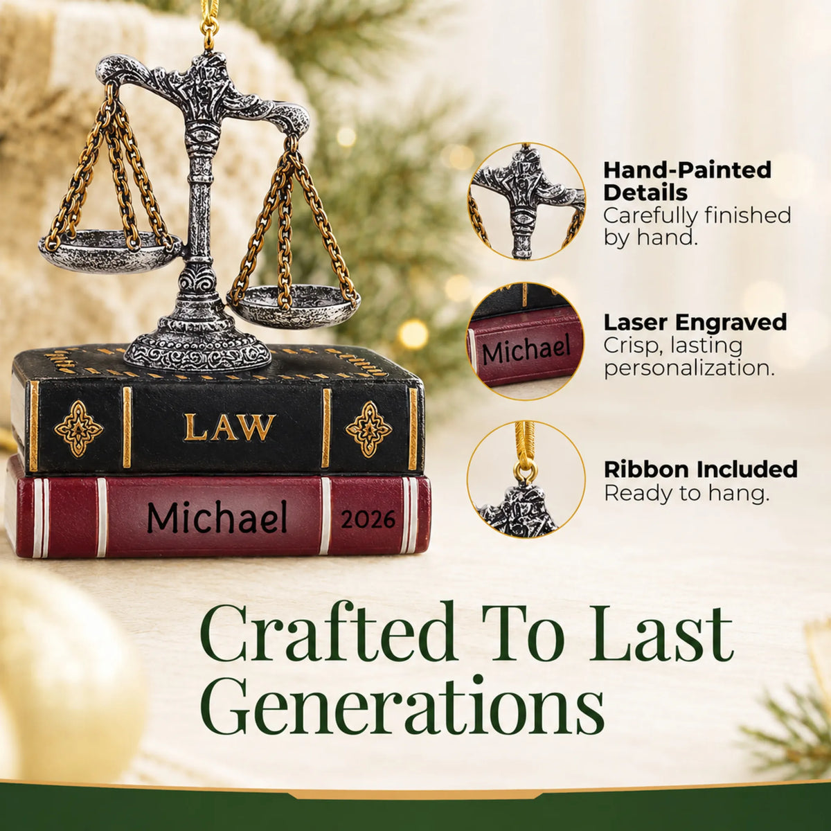 Hand-painted details and laser engraved personalization on the legal scales of justice christmas ornament, ribbon included