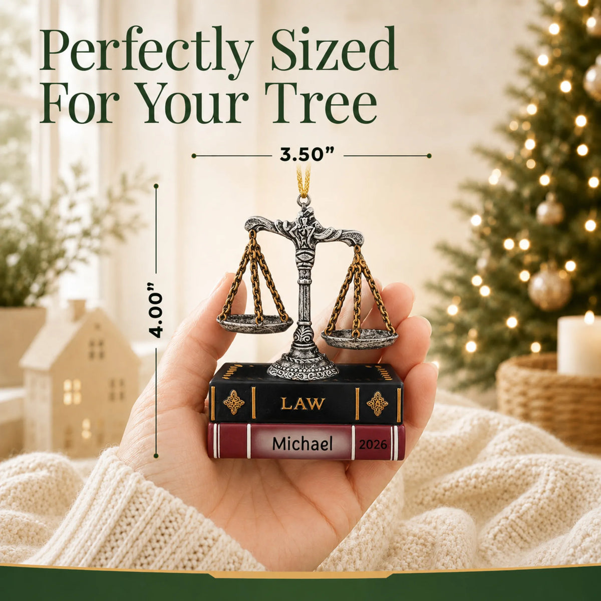 Size guide: the personalized legal scales of justice christmas ornament is 3.50 in wide by 4.00 in tall, shown in hand