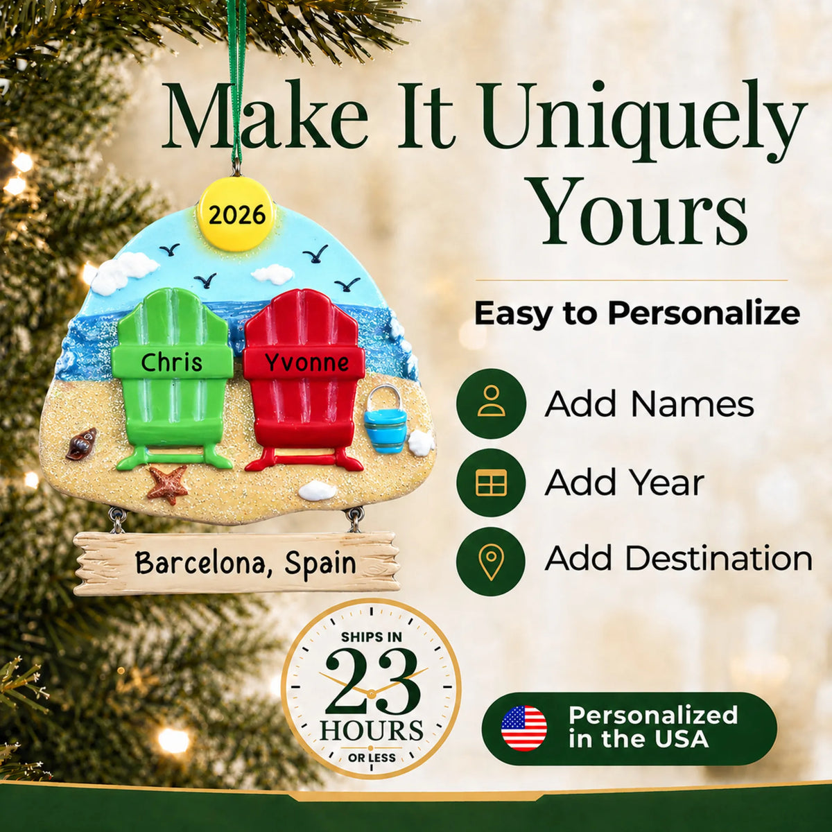 Make it yours: add names to the personalized beach chair couple christmas ornament