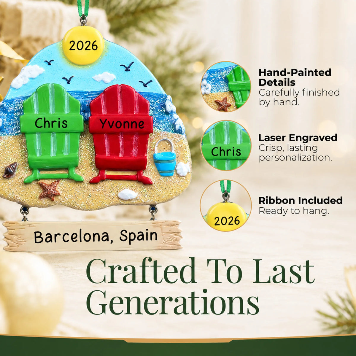 Hand-painted details and laser engraved personalization on the beach chair couple christmas ornament, ribbon included