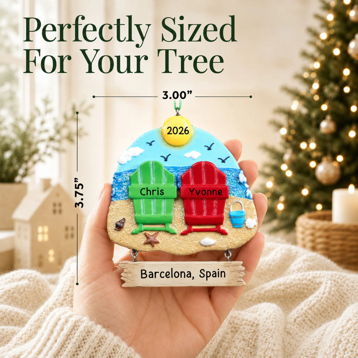 Size guide: the personalized beach chair couple christmas ornament is 3.00 in wide by 3.75 in tall, shown in hand