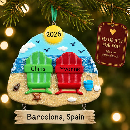 Beach chair couple christmas ornament hanging on a lit Christmas tree with a Made Just For You gift tag
